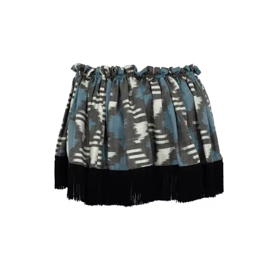 Punicana Women's Off-shoulder Fringe Top In Blue Geometric Cotton Ikat
