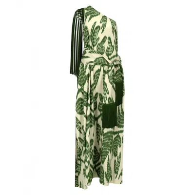 Punicana Women's Saray Dress W Fringes & Belt In Green Leaf Cotton Ikat