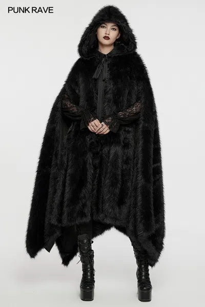 Pre-owned Punk Rave Women Black Gothic Faux Silver Fox Fur Winter Warm Hooded Cloak