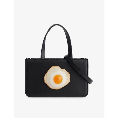 Puppets And Puppets Black Egg-appliqué Small Leather Top-handle Bag