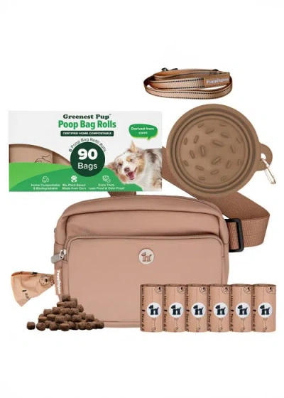 Puppington Walk Star Kit 3-in-1 Dog Walk Bag, Bowl, & Leash Plus Matching 90 Refill Dog Poop Bags In Brown