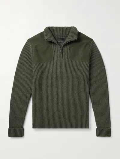 Purdey Commando Suede-trimmed Ribbed Wool Half-zip Sweater In Green