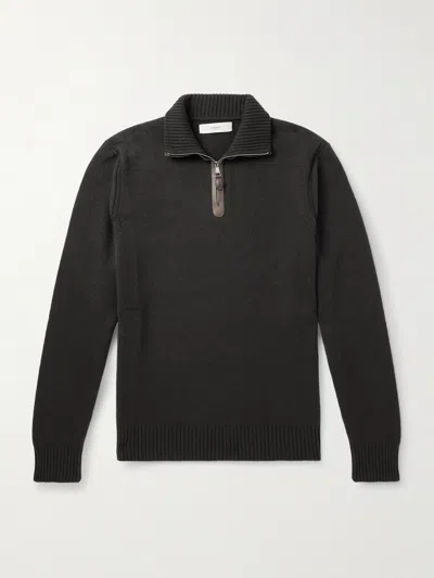 Purdey Leather-trimmed Cashmere Half-zip Sweater In Black