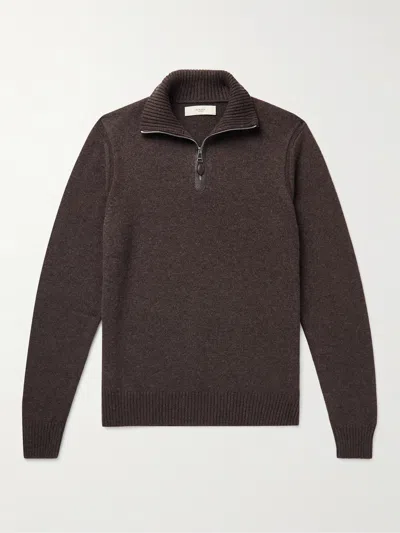 Purdey Leather-trimmed Cashmere Half-zip Sweater In Brown