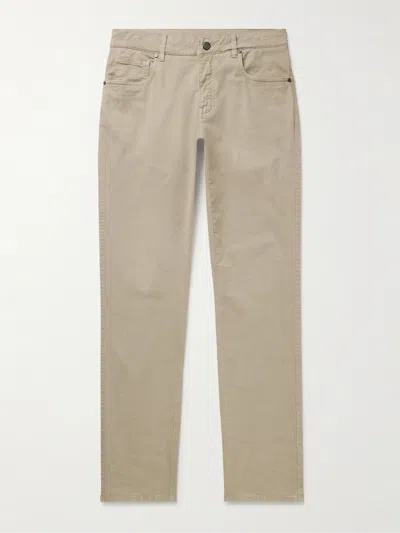 Purdey Slim-fit Straight-leg Cotton-blend Twill Trousers In Neutral