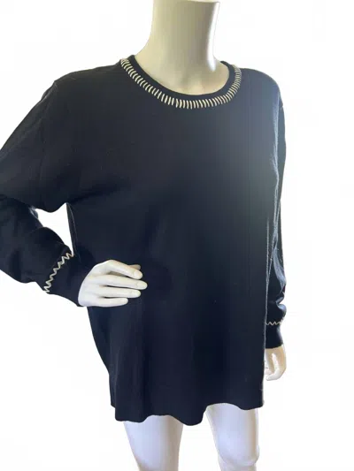 Pure Amici Women's Cotton Cashmere Split Hem Crew Sweater In Black In Blue