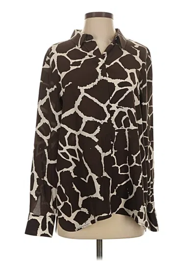 Pre-owned Pure Collection Long Sleeve Silk Top Brown Animal Print Pattern Tie Neck Tops