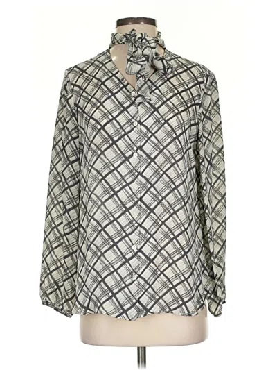 Pre-owned Pure Collection Long Sleeve Silk Top Gray Argyle Pattern Collared Neckline Tops