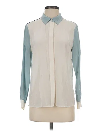 Pre-owned Pure Collection Long Sleeve Silk Top Ivory Color Block Pattern Tie Neck Tops