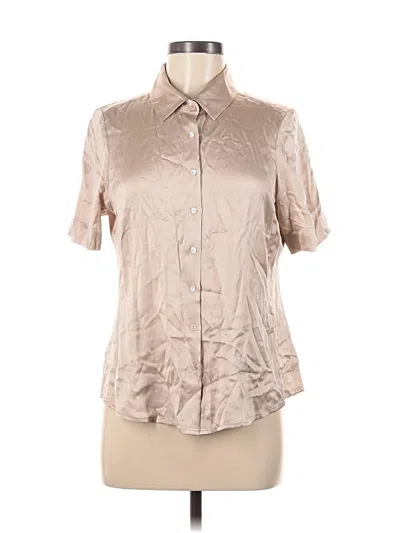 Pre-owned Pure Collection Short Sleeve Silk Top Tan Metallic Pattern Mock Neckline Tops In Brown