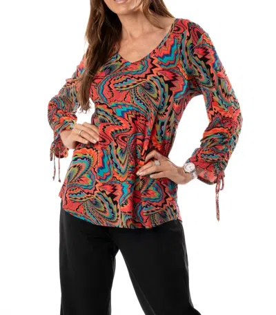 Pure Essence V-neck Tie Sleeves Top In Red/black Mix In Multi