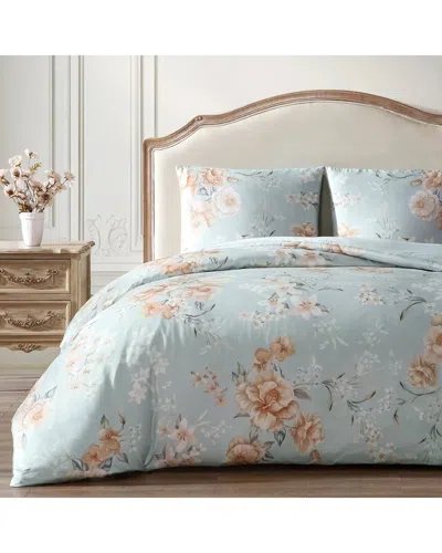 Pure Parima Floral Printed Sateen Duvet Cover Set In Blue