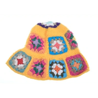 Pure Yellow Cotton Hat With Colourful Flowers In Multi