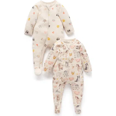 Purebaby Kids'  2 Pack Printed Zip Footie In Neutral