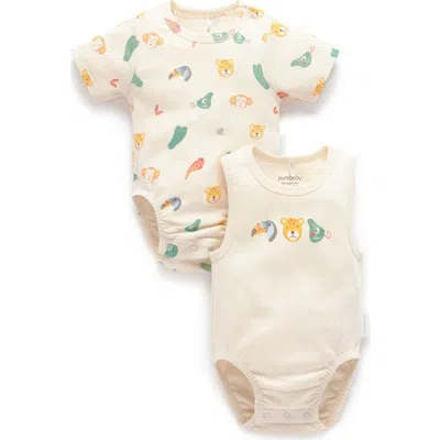 Purebaby 2 Pack Short Sleeve Ribbed Bodysuit Animal In Multi