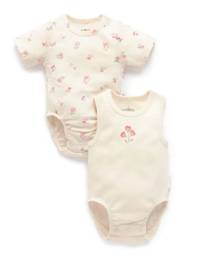 Purebaby 2 Pack Short Sleeve Ribbed Bodysuit Floral In Neutral