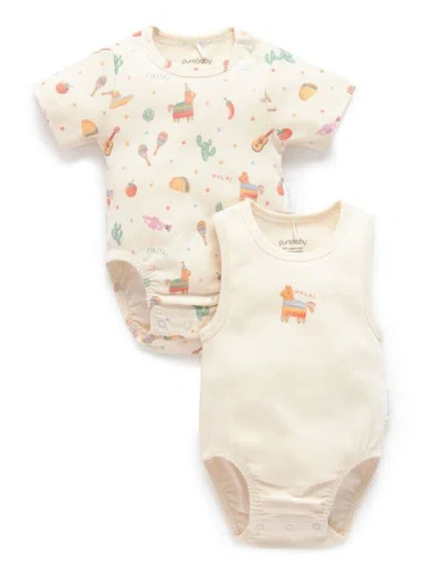 Purebaby Kids'  2 Pack Short Sleeve Ribbed Bodysuit Pinata In Multi