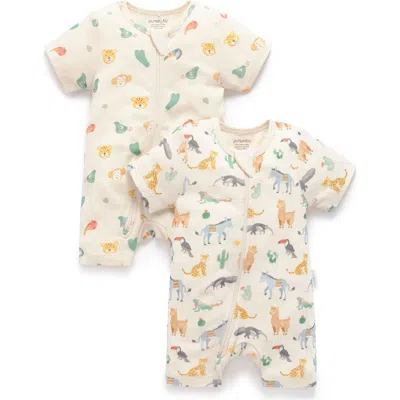 Purebaby 2 Pack Short Sleeve Zip Romper Animal In Neutral