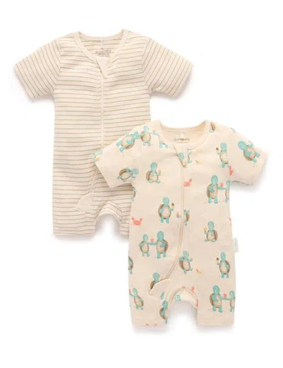 Purebaby 2 Pack Short Sleeve Zip Romper Whale Print In Multi