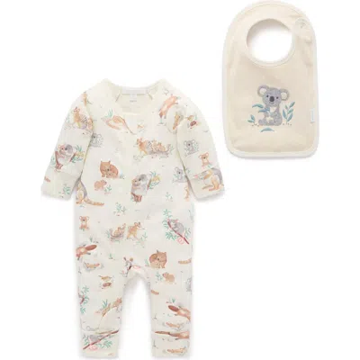 Purebaby Australiana Animals Zip Romper & Bib Set In Neutral