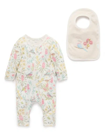 Purebaby Australiana Floral Zip Romper & Bib Set In White