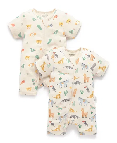 Purebaby Boys' 2 Pack Short Sleeve Zip Romper Animal - Baby In Multi