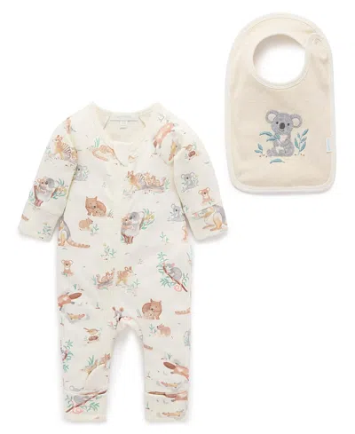 Purebaby Boys' Australiana Animals Zip Romper & Bib Set - Baby In Multi