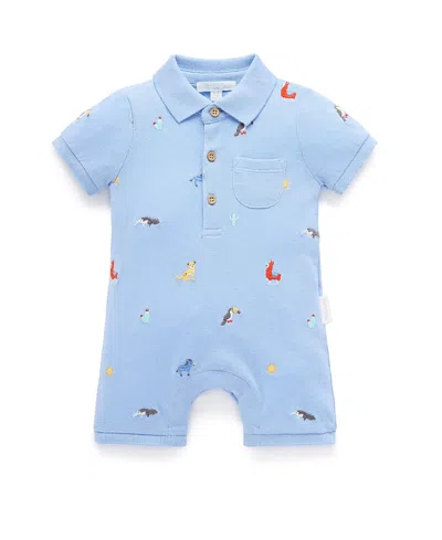 Purebaby Boys' Embroidered Polo Romper - Baby In Blue