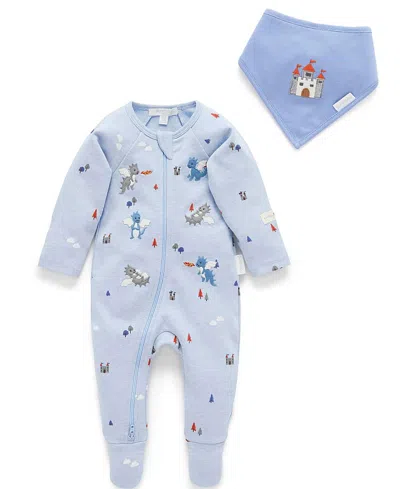 Purebaby Boys' Thick Zip Footie & Bib Set - Baby In Blue