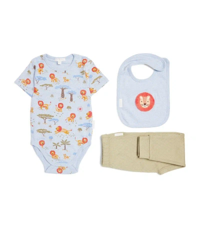 Purebaby Cotton Animal Bodysuit, Trousers And Bib Set (0-18 Months) In Multi