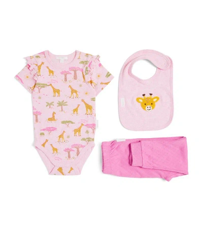 Purebaby Cotton Animal Bodysuit, Trousers And Bib Set (0-18 Months) In Pink