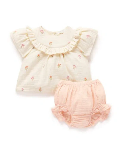 Purebaby Embroidered Ruffle Top & Bloomer Set In Neutral