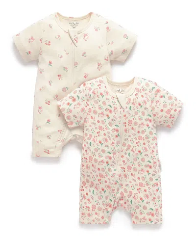 Purebaby Girls' 2 Pack Short Sleeve Zip Romper Floral - Baby In Multi