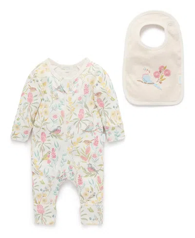 Purebaby Girls' Australiana Floral Zip Romper & Bib Set - Baby In Multi