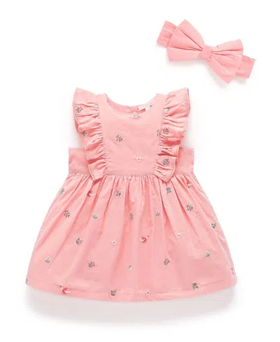 Purebaby Girls' Broderie Dress & Headband - Baby In Pink
