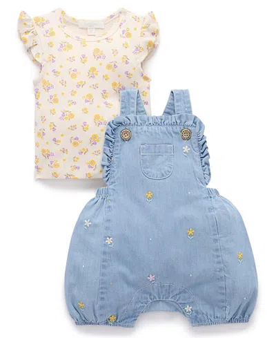 Purebaby Girls' Broderie Overall Set - Baby In Multi