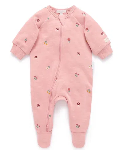 Purebaby Girls' Embroidered Fleece Zip Footie - Baby In Pink