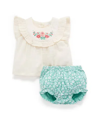 Purebaby Girls' Embroidered Top And Bloomer Set - Baby In Multi