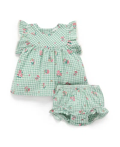 Purebaby Girls' Gingham Ruffle Top And Bloomer Set - Baby In Green