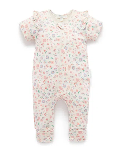 Purebaby Girls' Printed Short Sleeve Long Leg Ruffle Romper - Baby In Multi