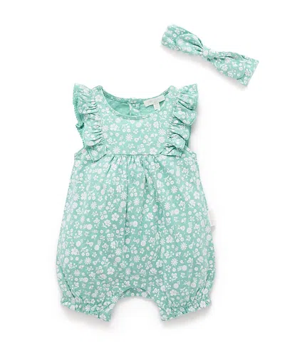 Purebaby Girls' Ruffle Shortie Romper & Headband Set - Baby In Green