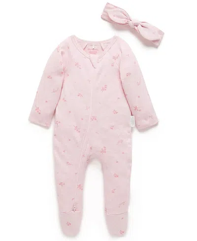 Purebaby Girls' Zip Footie & Headband Set - Baby In Pink