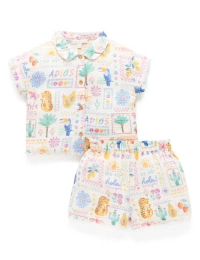 Purebaby Postcard Button Up Top & Short Set In Multi