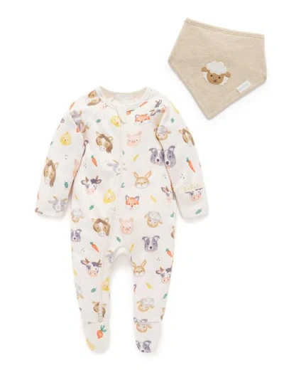 Purebaby Thick Zip Footie & Bib Set In Neutral
