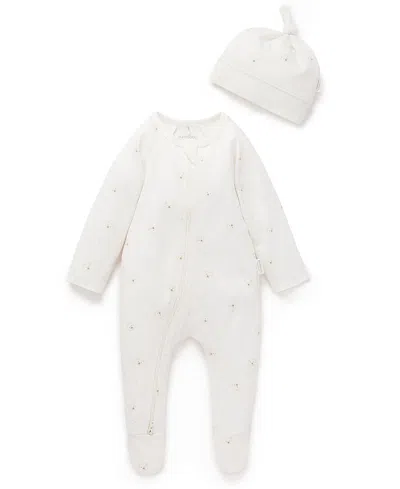 Purebaby Unisex Zip Footie & Hat Set - Baby In White