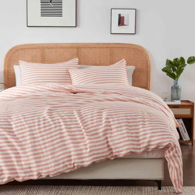 Puredown 100% Linen Duvet Cover Sets 3pcs Moisture-wicking And Breathable Strip Pattern In Pink