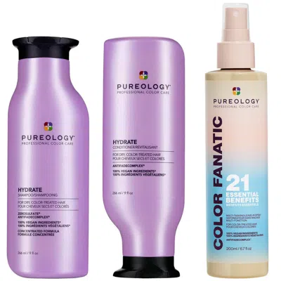 Pureology Hydrate Shampoo, Conditioner And Color Fanatic Multi-benefit Leave-in, Moisturising Bundle For Dry H In White