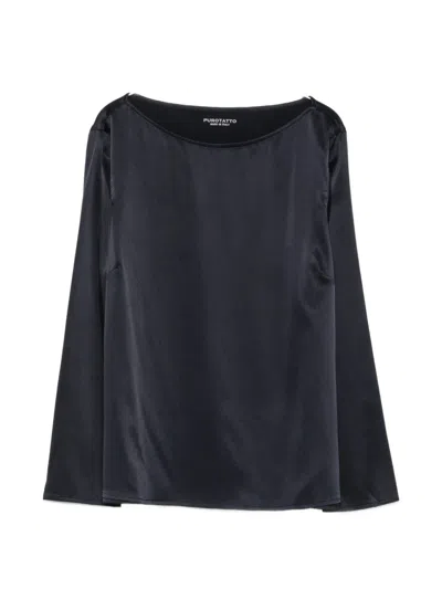 Purotatto Satin-finish Boat-neck Blouse In Black