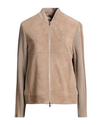 Purotatto Woman Jacket Taupe Size 6 Leather, Cotton In Brown