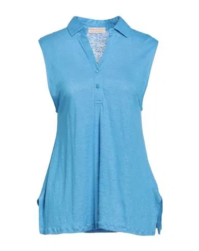 Purotatto Woman Top Azure Size 10 Linen In Blue